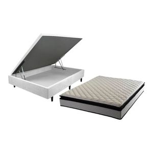 Cama Box Casal Mga Lift + Colchão Hellen Estofado E Colchões Cinza E Preto