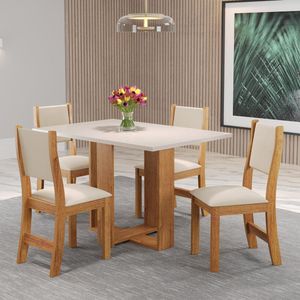 Mesa De Jantar Viero Caiena Com 4 Cadeiras Estofadas E Reves Mel-blonde-marfim