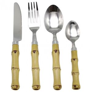 Faqueiro 24 Peças Dynasty Bambu Aço Inox Caixa De Madeira Inox Com Bege