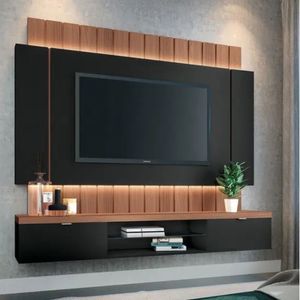 Painel Suspenso Illusion Para Tv De Até 55" 1,80cm Com Fita De Led Preto Nature - Fabrica 1 Móveis