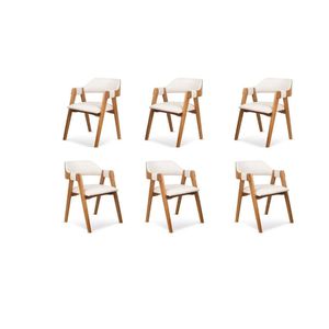 Kit De 6 Cadeiras De Madeira Maciça Linho Encosto Anatômico Com Apoio No Braço Dalia Branco