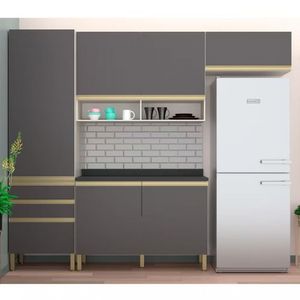Cozinha Compacta Bartira Jaspe 6 Portas 3 Gavetas 260.4cm Bege Com Cinza