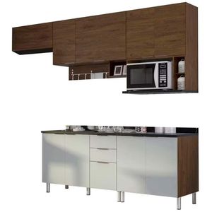 Cozinha Completa Rubi 9 Portas 3 Gaveta 5 Prateleira Bartira Branco Com Marrom