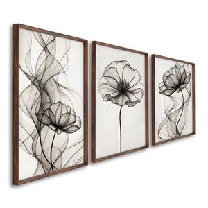 Quadro Decorativo Modelo Floral Iii Com 3 Telas De Parede Para Sala Quarto Escritório 60cm X 90cm Tabaco