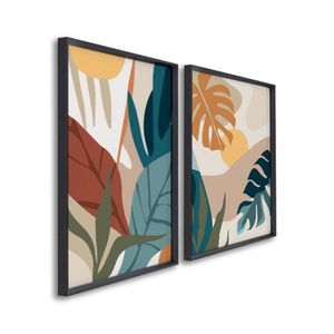 Quadro Decorativo Paisagem Tropical Plantas E Folhas Com 2 Telas De Parede Para Sala Quarto Escritór Preto