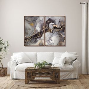Quadro Decorativo Ouro E Chumbo Com 2 Telas De Parede Para Sala Quarto Escritório 60cm X 90cm Tabaco