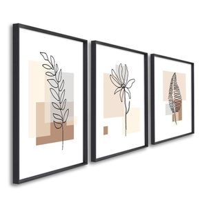 Quadro Decorativo Modelo Floral Iv Com 3 Telas De Parede Para Sala Quarto Escritório 60cm X 90cm Preto