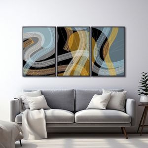 Quadro Decorativo Modelo Linhas E Formas Com 3 Telas Para Quarto Banheiro Escritório 60cm X 90cm Preto