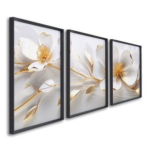 Quadro Decorativo Modelo Floral Com 3 Telas De Parede Para Sala Quarto Escritório 60cm X 90cm Preto