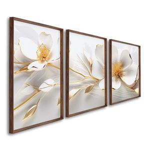 Quadro Decorativo Modelo Floral Com 3 Telas De Parede Para Sala Quarto Escritório 60cm X 90cm Tabaco