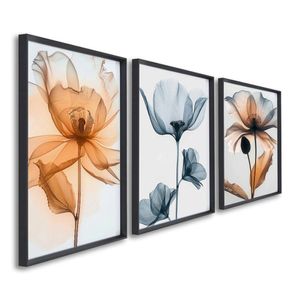 Quadro Decorativo Floral Flores Com Caule Com 3 Telas De Parede Para Sala Quarto Escritório 60cm X 9 Tabaco