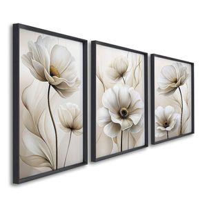 Quadro Decorativo Modelo Floral Ii Com 3 Telas De Parede Para Sala Quarto Escritório 60cm X 90cm Preto