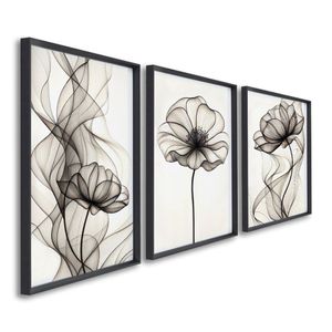 Quadro Decorativo Modelo Floral Iii Com 3 Telas De Parede Para Sala Quarto Escritório 60cm X 90cm Preto