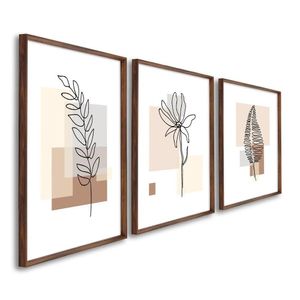 Quadro Decorativo Modelo Floral Iv Com 3 Telas De Parede Para Sala Quarto Escritório 60cm X 90cm Tabaco