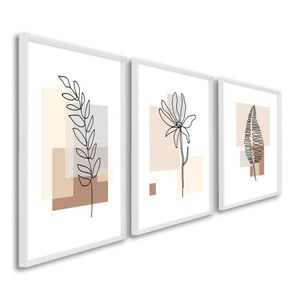 Quadro Decorativo Folhas Abstratas Com 3 Telas Para Escritório Hall Quarto 60cm X 90cm Branco