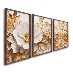 Quadro Decorativo Floral Delicado Flores Brancas E Amarelas Com 3 Telas De Parede Para Sala Quarto E Tabaco