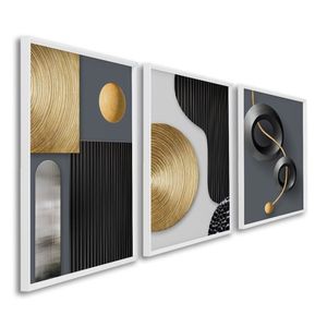 Quadro Decorativo Geométrico Formas E Linhas 3 Telas De Parede Para Sala Quarto Escritório 60cm X 90 Branco