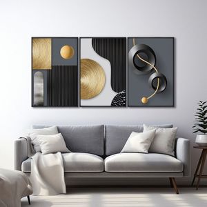 Quadro Decorativo Geométrico Formas E Linhas 3 Telas De Parede Para Sala Quarto Escritório 60cm X 90 Preto
