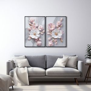 Quadro Decorativo Floral Flor De Porcelana Com 2 Telas De Parede Para Sala Quarto Escritório 60cm X Preto