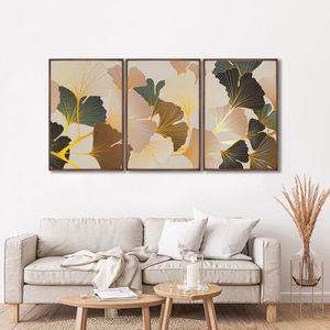 Quadro Decorativo Floral Flores Tropicais Com 3 Telas De Parede Para Sala Quarto Escritório 60cm X 9 Tabaco