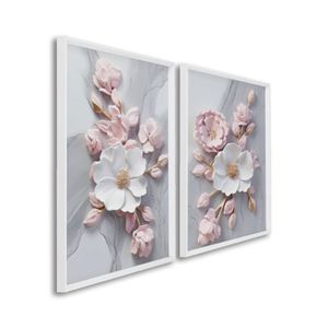 Quadro Decorativo Floral Flor De Porcelana Com 2 Telas De Parede Para Sala Quarto Escritório 60cm X Branco