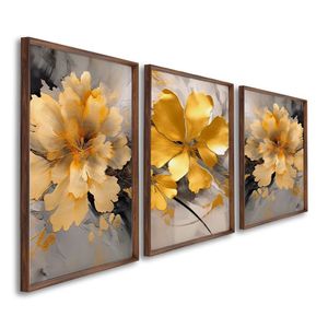 Quadro Decorativo Floral Amarelo Com 3 Telas De Parede Para Sala Quarto Escritório 60cm X 90cm Tabaco