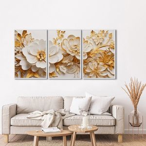Quadro Decorativo Floral Delicado Flores Brancas E Amarelas Com 3 Telas De Parede Para Sala Quarto E Branco