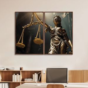 Quadro Decorativo Temático Direito Balança Da Justiça Com 2 Telas De Parede Para Escritório Sala Hal Tabaco