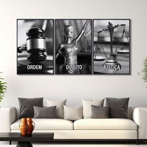 Quadro Decorativo Temático Direito Deusa Da Justiça Com 3 Telas Para Escritório Sala Lavabo Preto