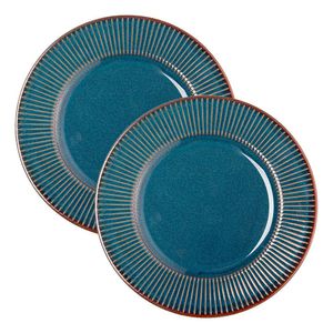 Jogo 2 Prato De Sobremesa Ceramica Azul Linear Rústico 20cm Lyor