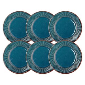 Jogo 6 Prato De Sobremesa Ceramica Azul Linear Rústico 20cm Lyor