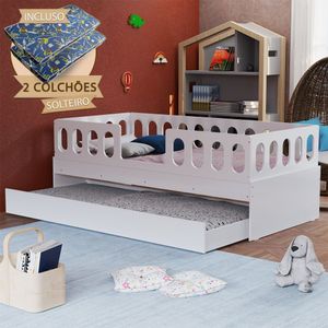 Cama Juvenil Lara Solteiro Com Cama Auxiliar E 2 Kits Branco - Baby Mobília - Branco