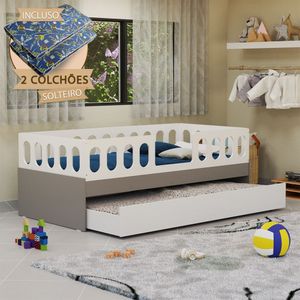 Cama Juvenil Lara Solteiro Com Cama Auxiliar E 2 Colchões Branco E Cinza - Baby Mobília - Branco