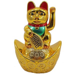Maneki Neko Gato Da Sorte Dourado Barco 14 Cm Pilha Aa
