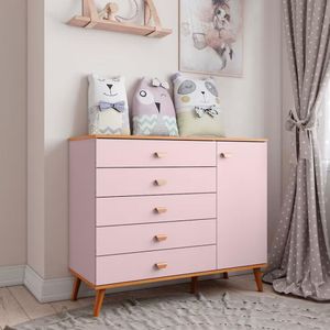 Cômoda Infantil Bartira Ternura Com 5 Gavetas E 1 Porta Rosa Wood