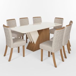 Conjunto Sala De Jantar Mesa Tampo Mdf Canto Arredondado E Vidro 8 Cadeiras Itália Prime Espresso Mó Nature-off White