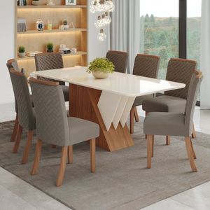 Conjunto Sala De Jantar Mesa Tampo Mdf Canto Arredondado E Vidro 8 Cadeiras Itália Prime Espresso Mó Nature-off