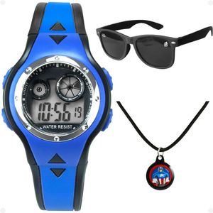 Relogio Digital Azul Infantil + Colar + Oculos Proteção Uv