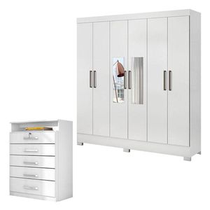 Cômoda Triunfo E Guarda Roupa Casal Prático Branco Com Espelho - Demóbile