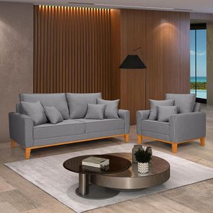 Kit Sofá Beny + 2 Poltronas Para Sala Confortável Linho Cinza Claro