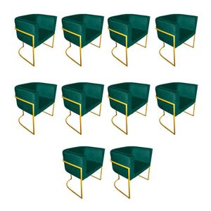 Kit 10 Poltronas Decorativa Sala De Estar Base De Ferro Dourada Veludo Verde