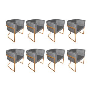 Kit 8 Poltronas Decorativa Sala De Estar Base De Ferro Cobre Veludo Cinza