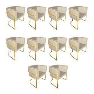 Kit 10 Cadeiras De Jantar Premium Base De Ferro Dourada Veludo Bege