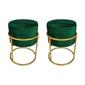 Kit 2 Puffs Decorativos Redondo Base De Ferro Dourada Tecido Veludo Verde