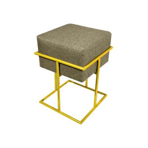 Puff Decorativo Quadrado Base De Ferro Dourada Tecido Linho Bege