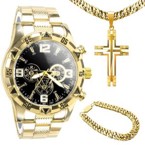 Relogio Masculino Prova Dagua + Cordão Cruz + Pulseira Presente Qualidade Premium Casual Social