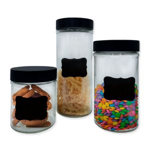 Conjunto De 3 Potes De Vidro Com Tampa E Adesivo Lousa Para Escrever Organize Com Estilo