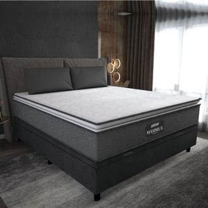 Cama Box Baú Casal Colchão Molas Ensacadas Pillow Top Maximus 138x188x69cm Cinza e Preto Gazin