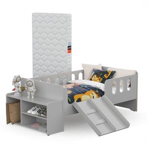 Mini Cama Infantil Baby Conforto Colchão Juvenil Sapateira E Proteção Lateral Quarto De Criança Menina E Menino Cinza