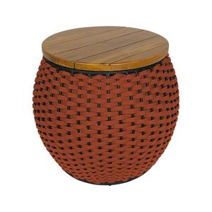 Puff Barril Alumínio Tampo Madeira Corda Náutica Terracota - Laranja